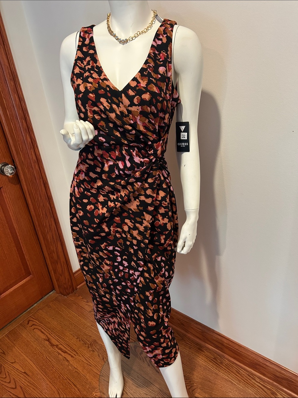 GUESS Black Multi Animal-Print Wrap Midi Dress
